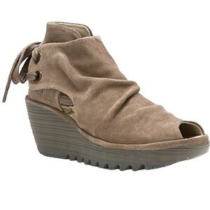 Fly London Yema Peep Toe Wedge Lace Up Shoes in Taupe Size 37 US 7